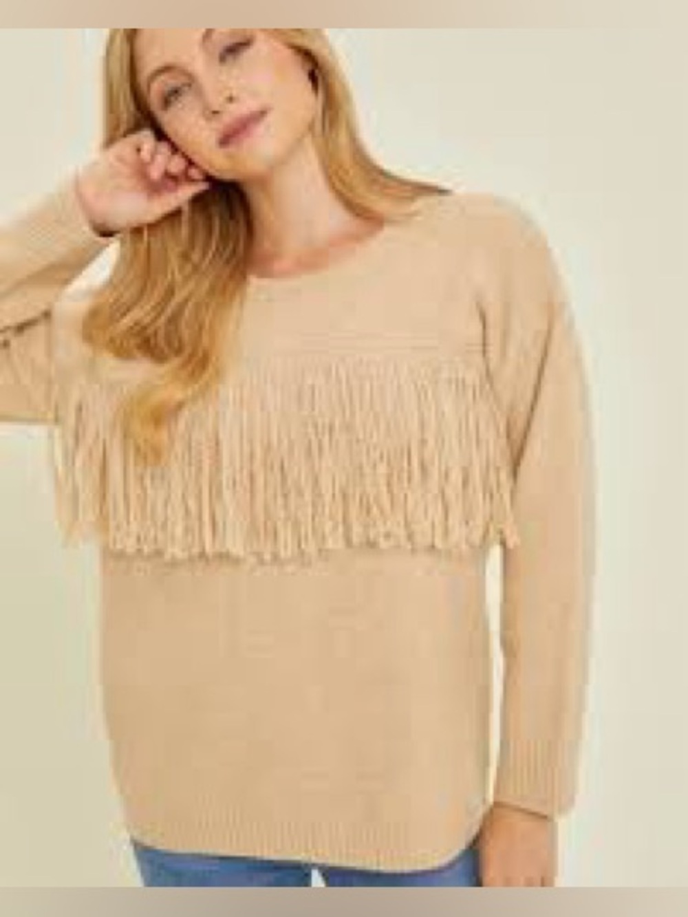 Bryson wool blend oatmeal fringe western style long sleeved sweater large NWT